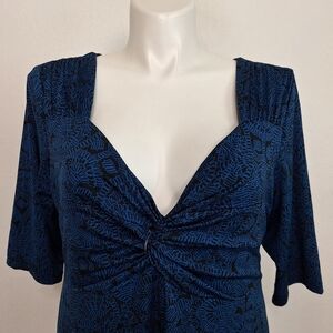 Lucie Lu Blue Black Sweetheart V-Neck Preppy Feminine Midi Dress Plus Size 2X